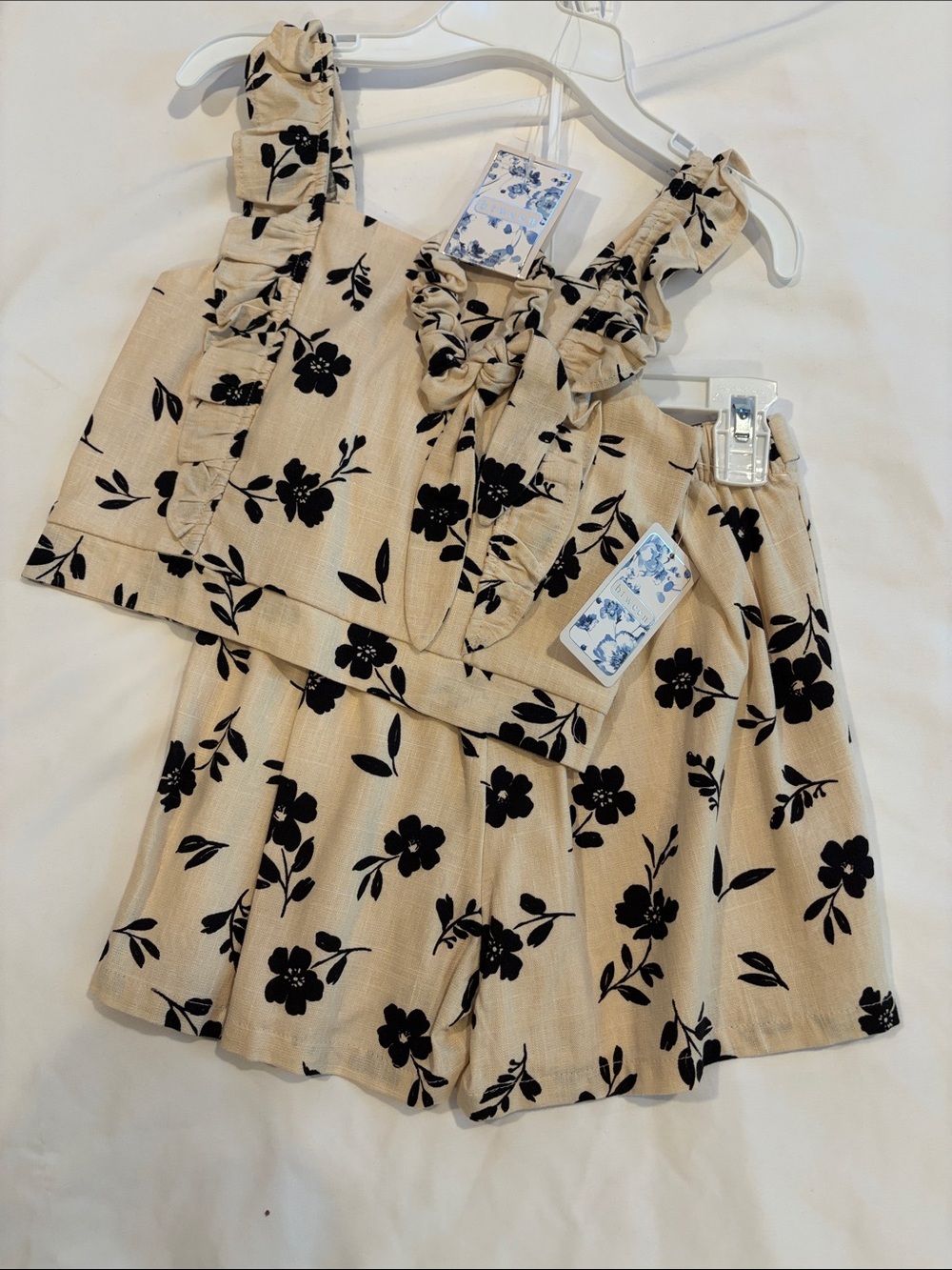 Kids Floral Ruffle Tank & Skort Set - Cream with Black Floral